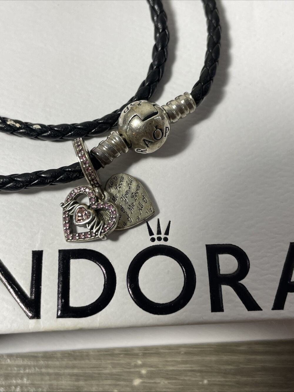 Pandora Moments Black Braided Double Leather Bracelet 925 Silver Box Mom Charms